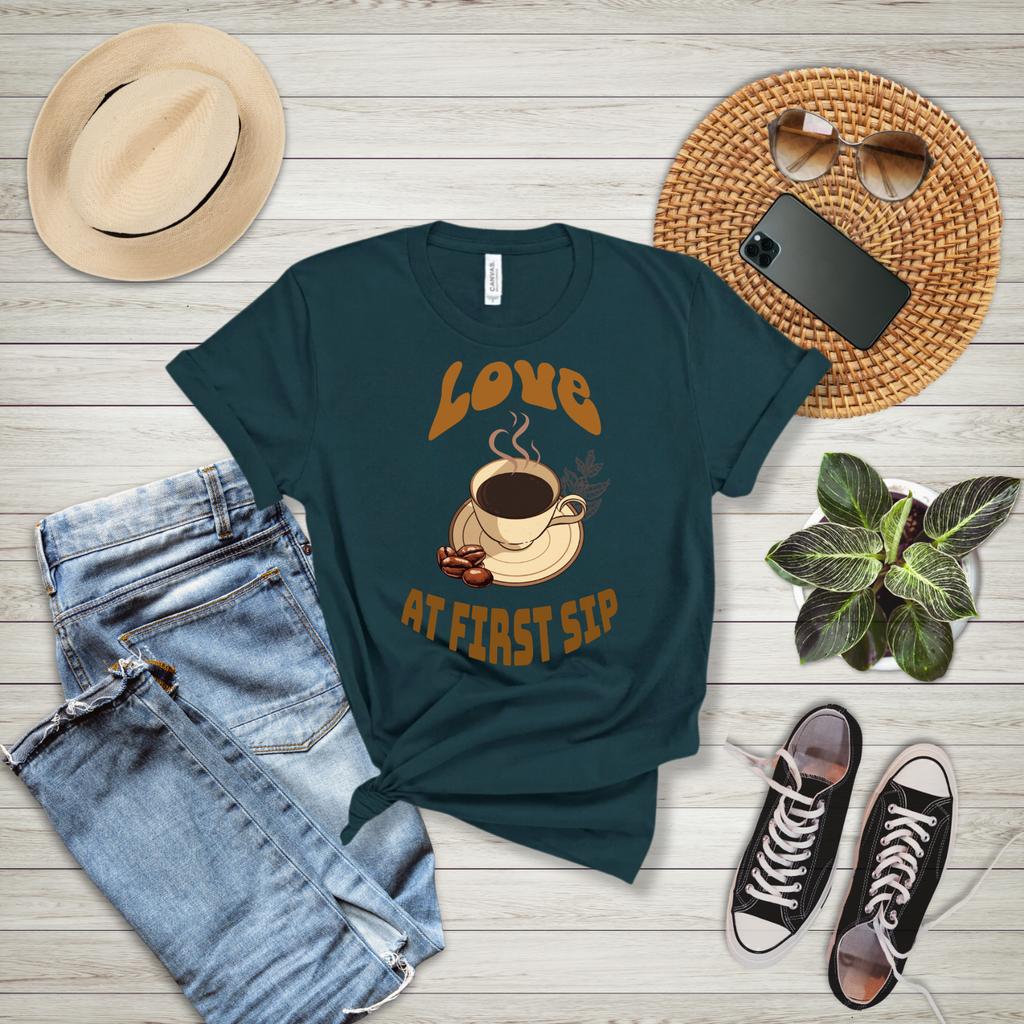 Coffee Lovers Tee, Love at First Sip T-Shirt, Unisex Cafe Shirt, Gift for Coffee Enthusiasts, Casual Wear for Coffee Lovers