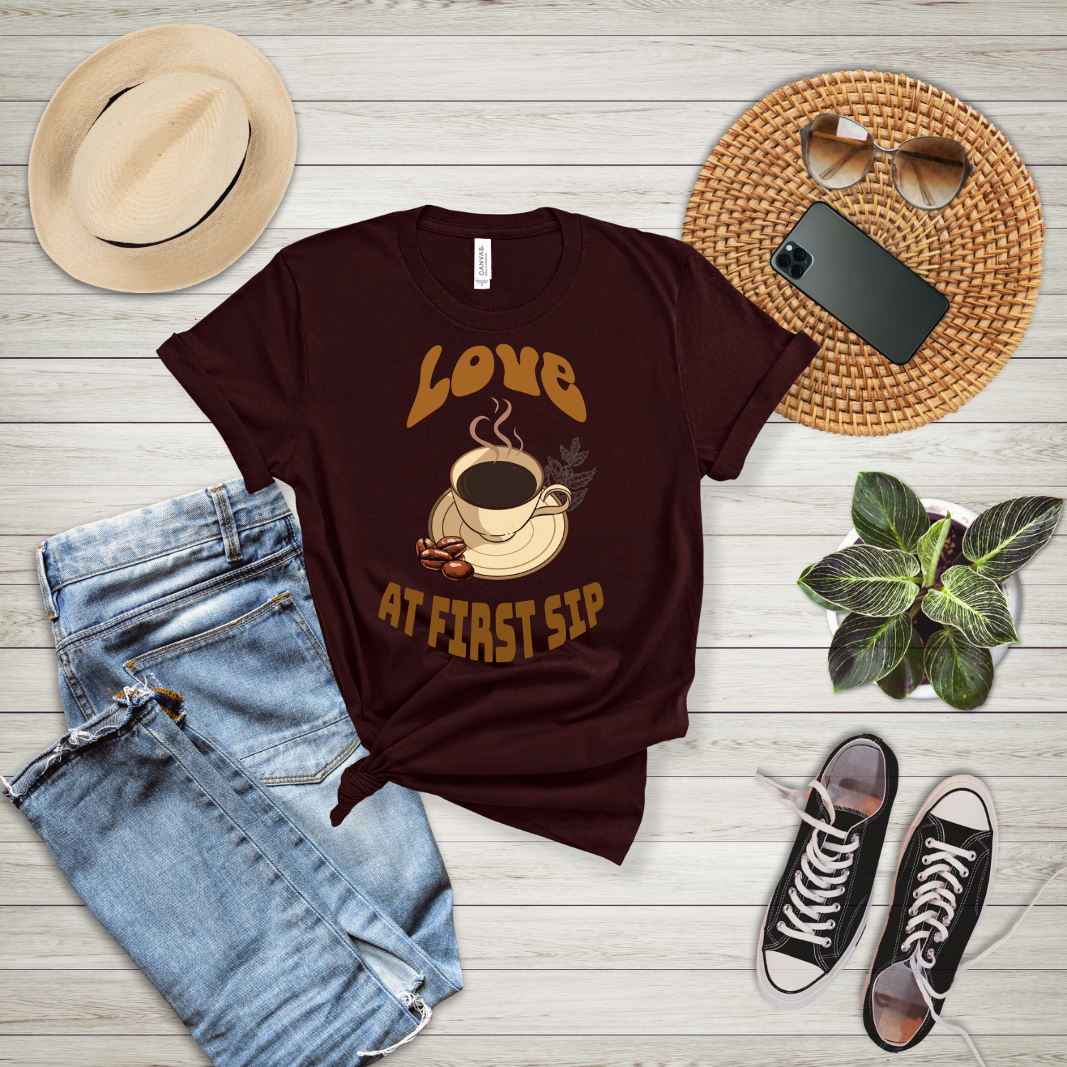Coffee Lovers Tee, Love at First Sip T-Shirt, Unisex Cafe Shirt, Gift for Coffee Enthusiasts, Casual Wear for Coffee Lovers